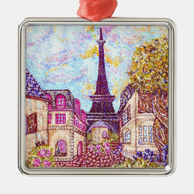 Paris Eiffel Tower Pointillism Landscape Metal Tree Decoration (Front)