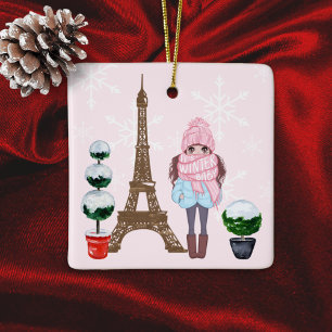 Paris Eiffel Tower Pretty Girl Chic Pink Christmas Ceramic Ornament
