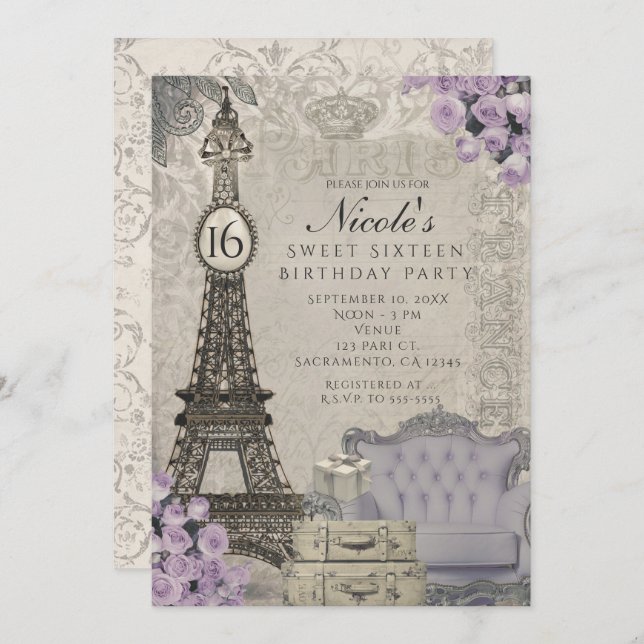 Paris Eiffel Tower Purple Roses Party Invitations (Front/Back)