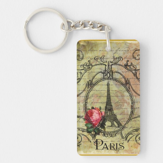 Paris Eiffel Tower & Red Rose Key Ring (Front)