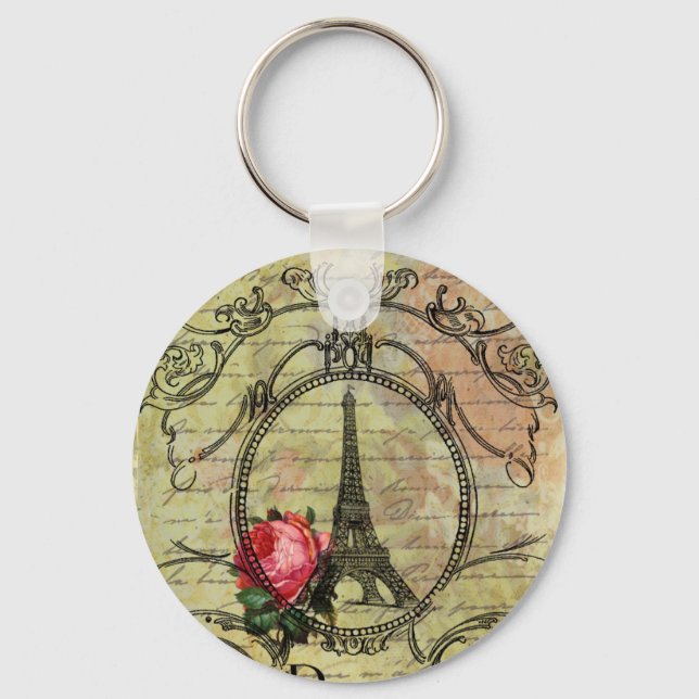 Paris Eiffel Tower & Red Rose Steampunk Key Ring (Front)