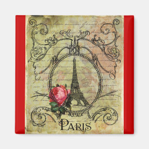 Paris Eiffel Tower & Red Rose Steampunk Magnet