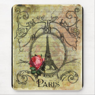 Paris Eiffel Tower & Red Rose Steampunk Mouse Mat