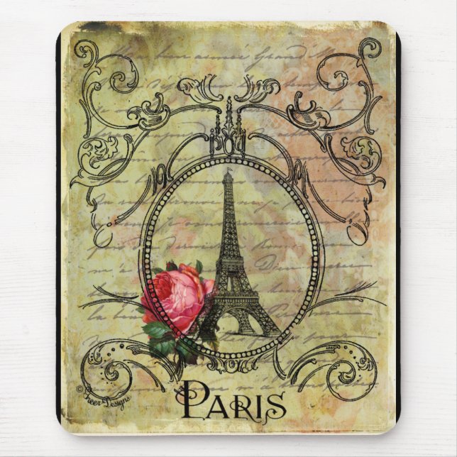 Paris Eiffel Tower & Red Rose Steampunk Mouse Mat (Front)