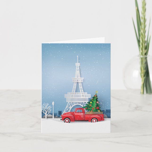 Paris Eiffel Tower Red Truck Christmas Holiday Card (Front)