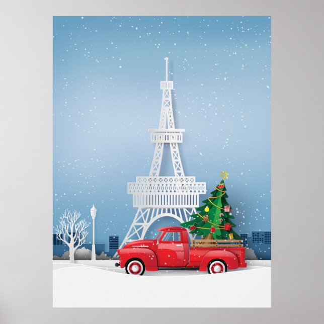 Paris Eiffel Tower Red Truck Christmas Poster (Front)