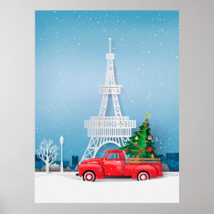 Paris Eiffel Tower Red Truck Christmas Poster