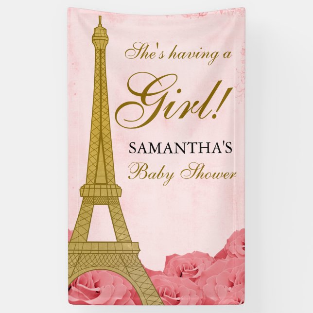 Paris Eiffel Tower Roses Pink Gold Baby Shower Banner (Vertical)
