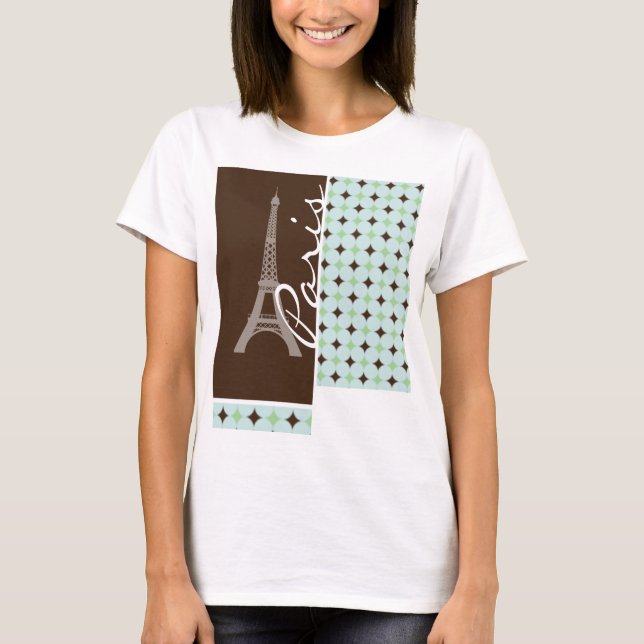 Paris; Eiffel Tower; Sage Green & Brown T-Shirt (Front)