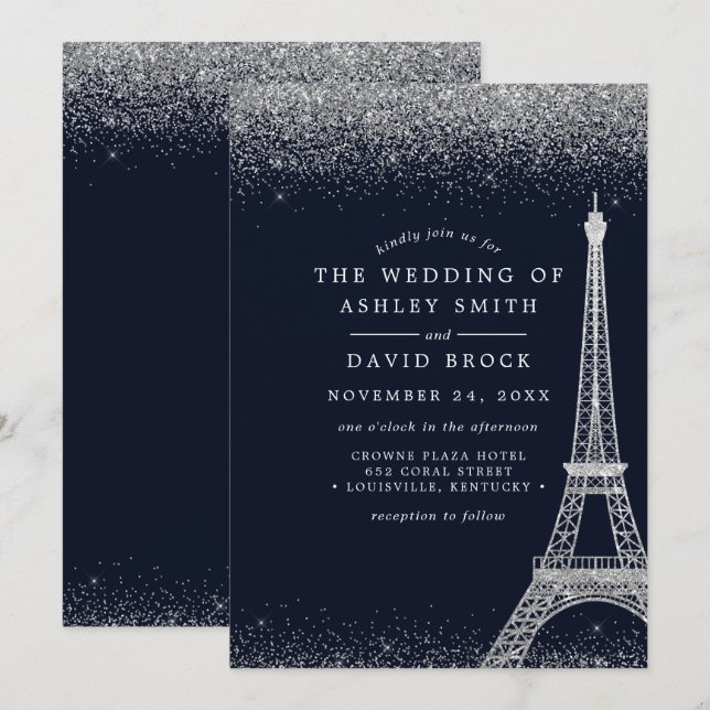 Paris Eiffel Tower Silver Confetti Navy Wedding Invitation (Front/Back)