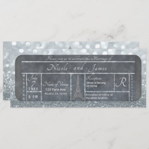 Paris Eiffel Tower Silver Glitter Ticket Wedding Invitation