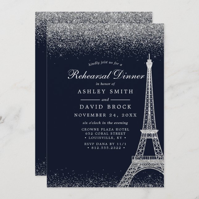 Paris Eiffel Tower Silver Sparkle Rehearsal Invitation (Front/Back)