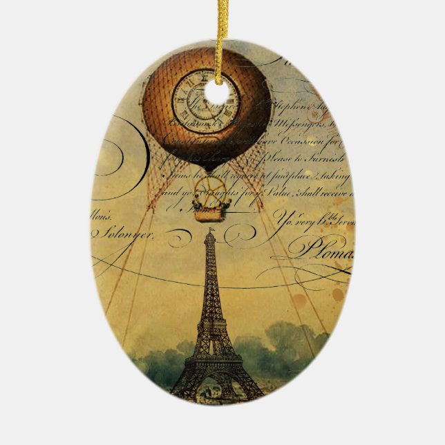 Paris Eiffel Tower Steampunk Hot Air Balloon Ceramic Tree Decoration (Front)