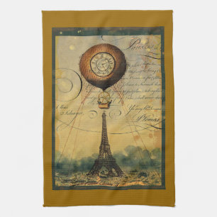 Paris Eiffel Tower Steampunk Hot Air Balloon Tea Towel
