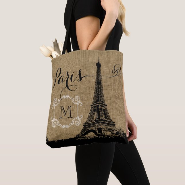 Paris Eiffel Tower Tan Burlap Monogram Tote Bag (Close Up)