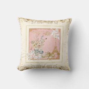 Paris Eiffel Tower Tea Floral Foliage Baroque Gold Cushion