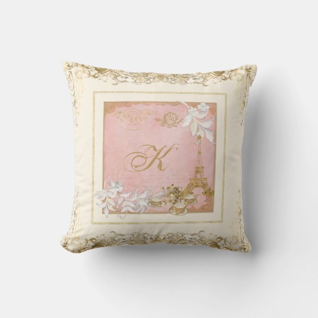 Paris Eiffel Tower Tea Foliage Monogram Gold Swirl Cushion (Front)