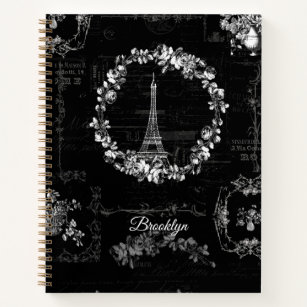 Paris Eiffel Tower Vintage Flowers Ephemera Black Notebook