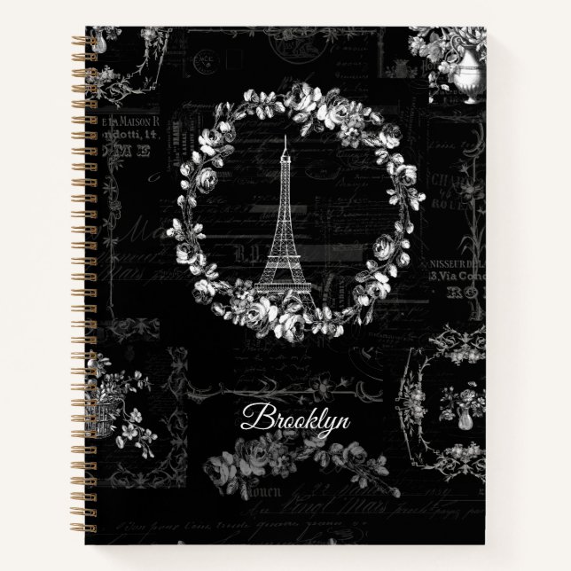 Paris Eiffel Tower Vintage Flowers Ephemera Black Notebook (Front)