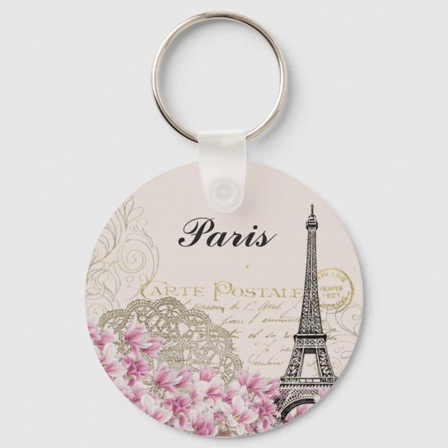 Paris Eiffel Tower Vintage Pink Flowers Key Ring (Front)