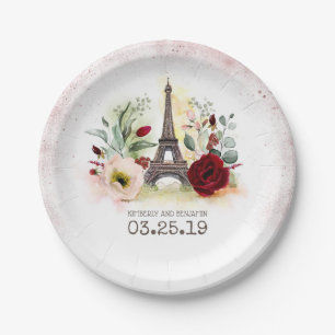 Paris Eiffel Tower Vintage Pink Gold Glitter Paper Plate