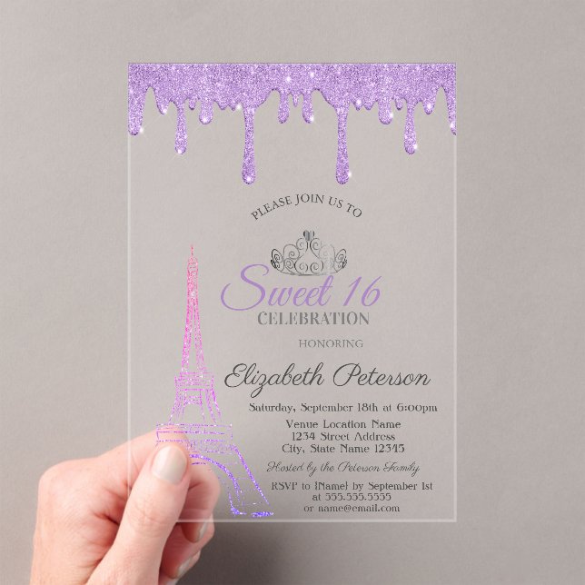 Paris Eiffel Tower,Violet Drips Sweet 16   Acrylic Invitations (Insitu (Handheld))