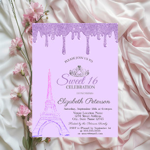 Paris Eiffel Tower,Violet Drips Sweet 16   Invitation