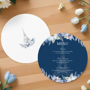 Paris Eiffel Tower Watercolor Floral Navy Wedding Menu