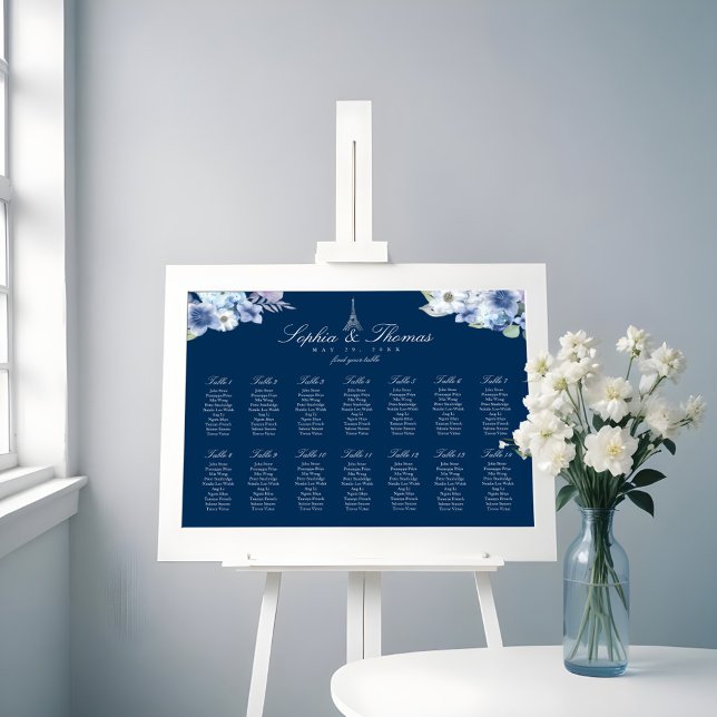 Paris Eiffel Tower Watercolor Floral Navy Wedding Poster (Paris Eiffel Tower Watercolor Floral Navy Wedding Poster)