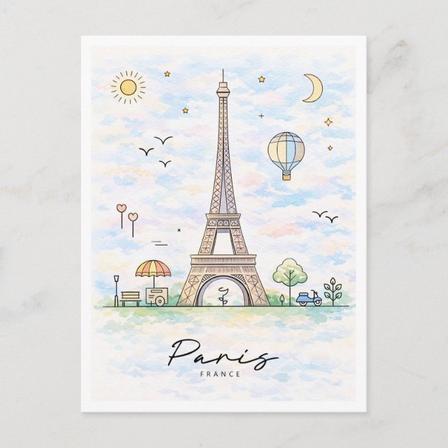 Paris Eiffel Tower Watercolor | France Holiday Postcard (Front)