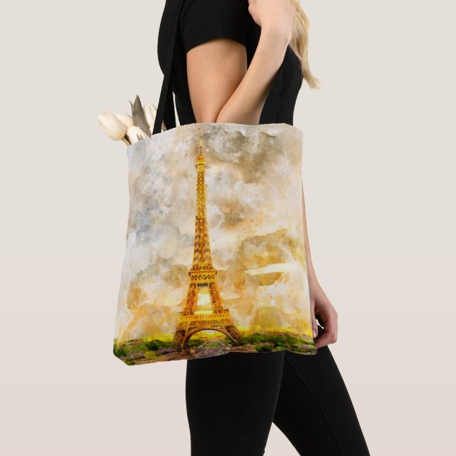 Paris Eiffel Tower Watercolor – Sunset #01  Tote Bag (Close Up)