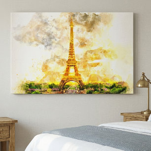 Paris Eiffel Tower Watercolor Sunset Art Print
