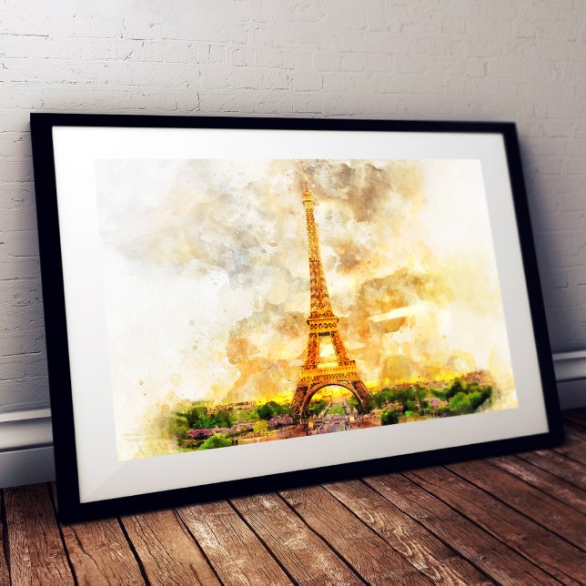 Paris Eiffel Tower Watercolor Sunset Art Print (Paris Eiffel Tower Watercolor Sunset Art Print. Photo Print)
