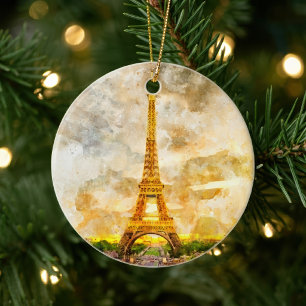 Paris Eiffel Tower Watercolor Sunset Art Print Ceramic Tree Decoration