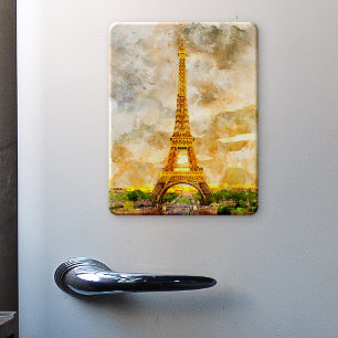Paris Eiffel Tower Watercolor Sunset Art Print Magnet