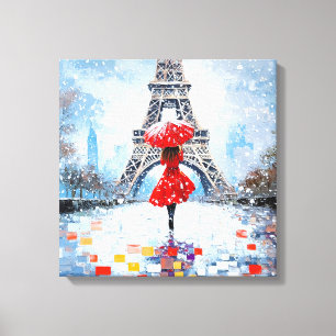 Paris Eiffel Tower Winter Romance Red Umbrella Canvas Print