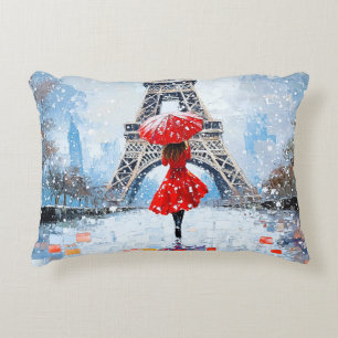 Paris Eiffel Tower Winter Romance Red Umbrella Decorative Cushion