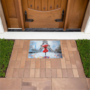 Paris Eiffel Tower Winter Romance Red Umbrella Doormat