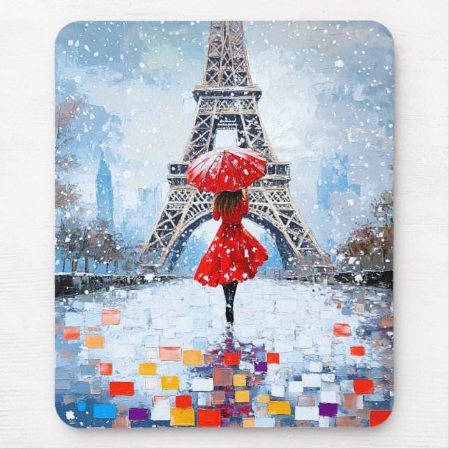 Paris Eiffel Tower Winter Romance Red Umbrella  Mouse Mat (Front)