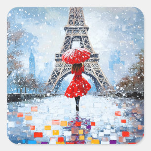 Paris Eiffel Tower Winter Romance Red Umbrella Square Sticker
