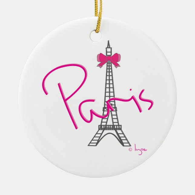 Paris Eiffel Tower with pink bow Ceramic Tree Decoration (Front)