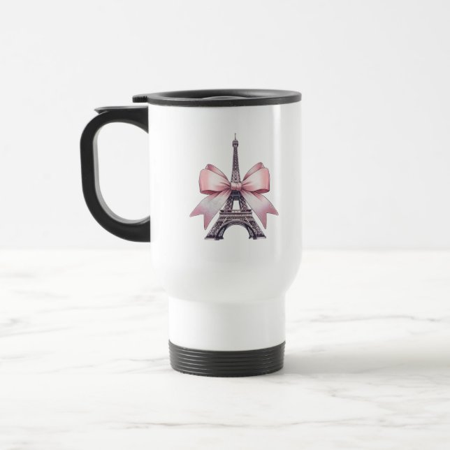 Paris Eiffel Tower with Pink Bow Travel Mug (Left)