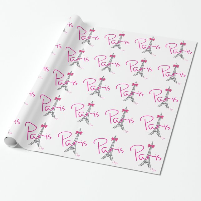 PARIS Eiffel Tower with pink bow Wrapping Paper (Unrolled)