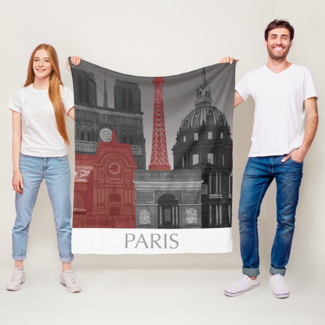 Paris Elevations by Night - Red Fleece Blanket (In Situ)