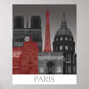 Paris Elevations by Night - Red Poster