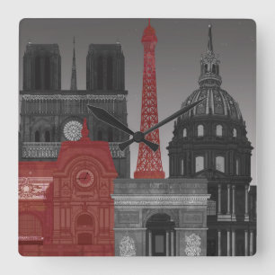 Paris Elevations by Night - Red Square Wall Clock
