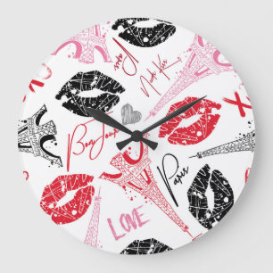 Paris fashion, calligraphic Eiffel Tower pattern. Large Clock