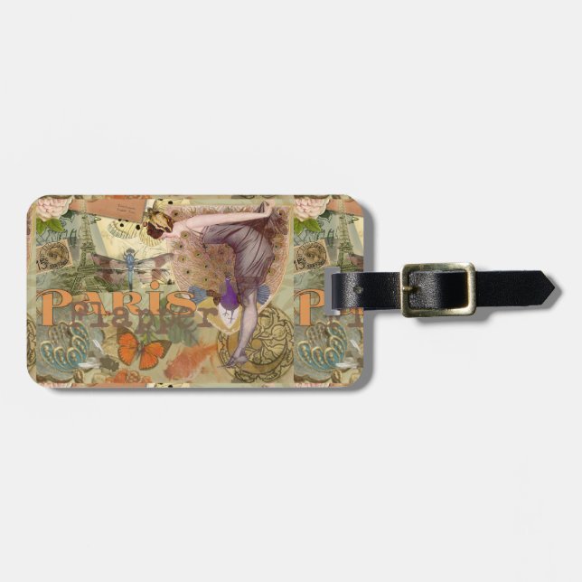 Paris Flapper Art Deco Peacock Vintage Luggage Tag (Front Horizontal)
