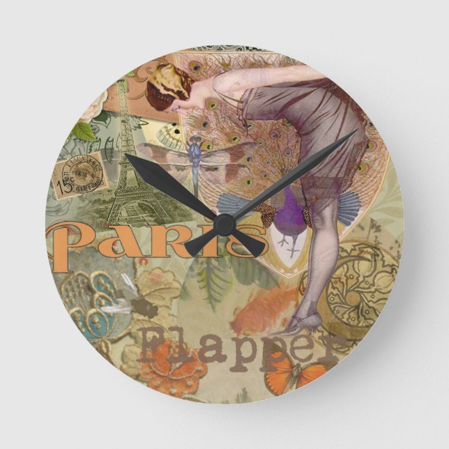 Paris Flapper Art Deco Peacock Vintage Round Clock (Front)