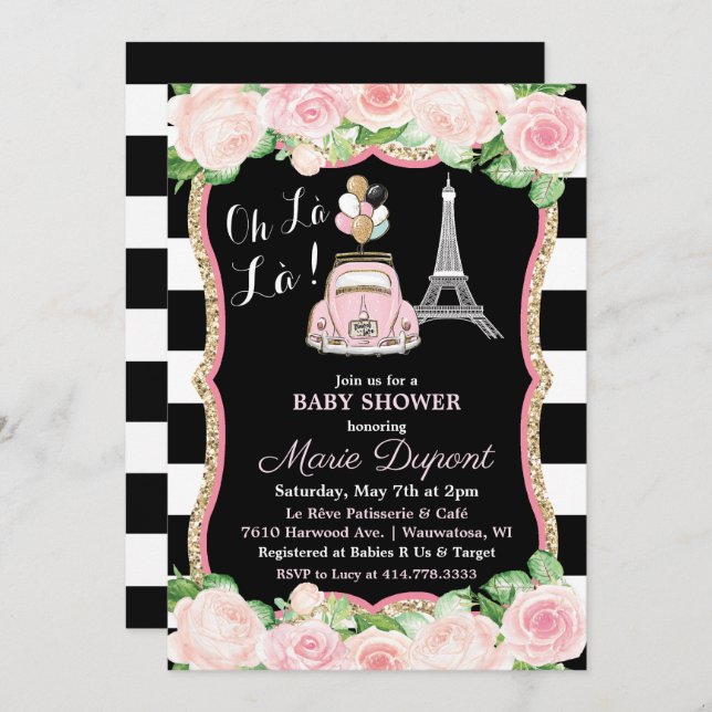 Paris Floral Travel Theme Baby Shower Invitation (Front/Back)